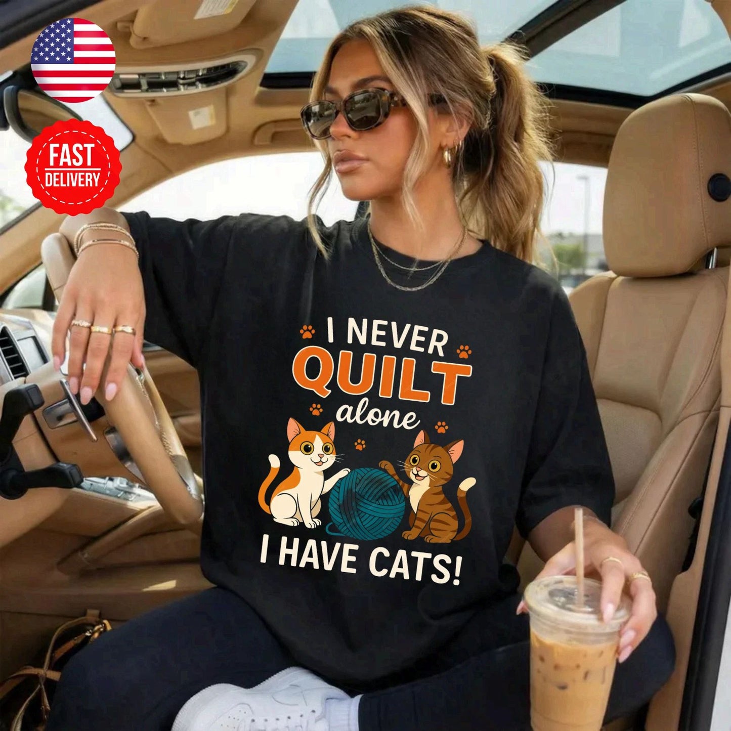 Cat Never Quilt Alone T-Shirt Cute Kitty Lover Gift Graphic Tee S-4XL Unisex T-shirt, Sweatshirt, Hoodie, Long Sleeve Tee - T-Shirt, Sweatshirt, Hoodie
