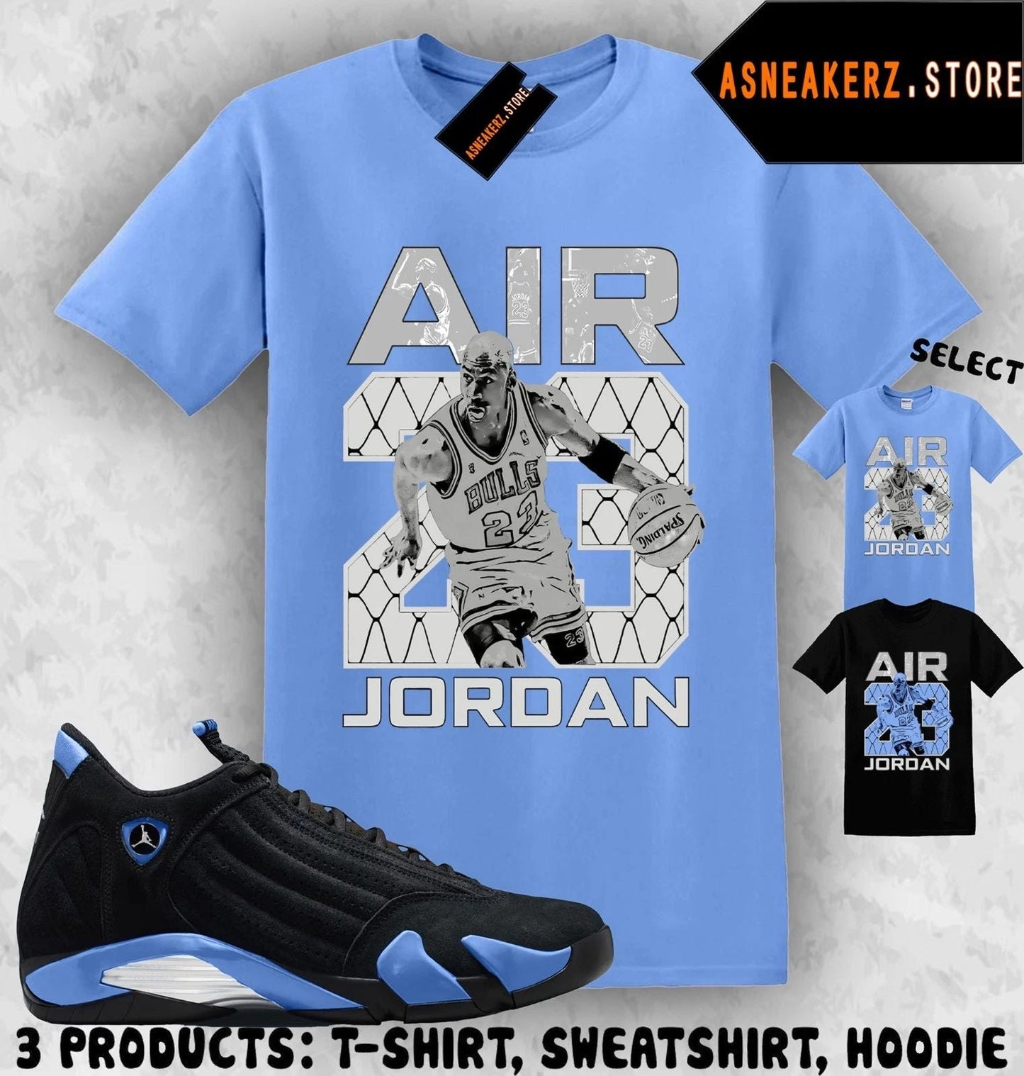 Shirt Matching AJ 14 Black University Blue 2026 Match Sneaker Vintage Air MJ 23 Unisex T-shirt, Sweatshirt, Hoodie, Long Sleeve Tee - T-Shirt, Sweatshirt, Hoodie