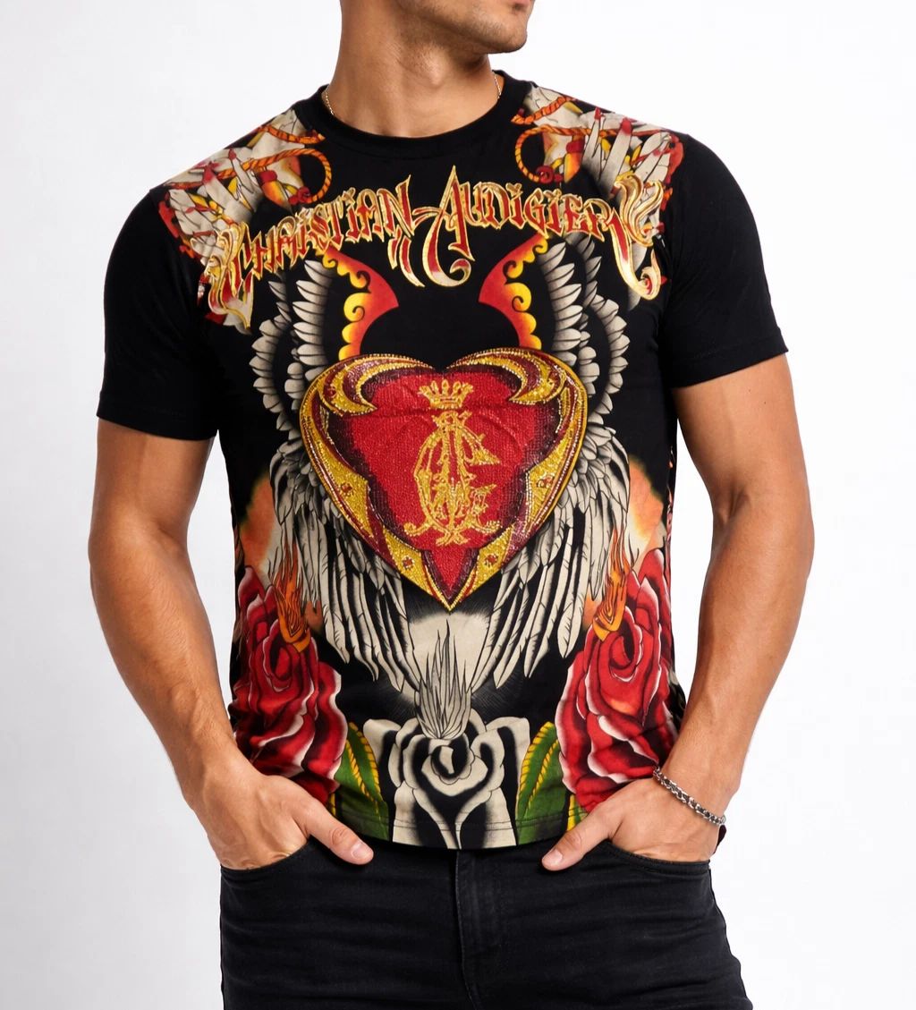 Christian Audigier Rhinestone Graphic T-Shirt Black Red Roses Wings Vintage NWT Unisex T-shirt, Sweatshirt, Hoodie, Long Sleeve Tee - T-Shirt, Sweatshirt, Hoodie