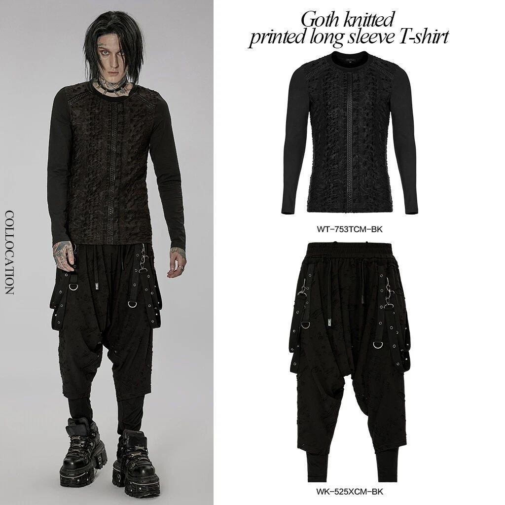 Punk Rave Gothic Knitted Printed Long Sleeve T-shirt Men Simple Casual Slim Tops Unisex T-shirt, Sweatshirt, Hoodie, Long Sleeve Tee - T-Shirt, Sweatshirt, Hoodie