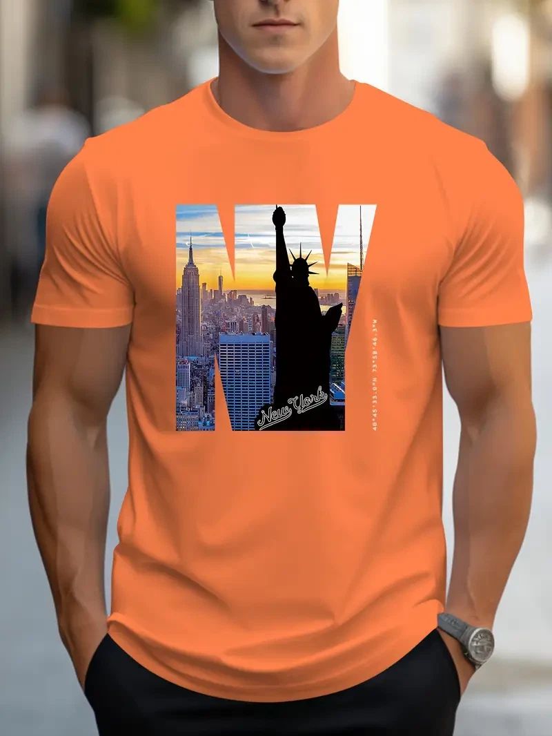 Men Stylish NYC-Inspired T-Shirt Patriotic Print Short Sleeve Breathable Orange Unisex T-shirt, Sweatshirt, Hoodie, Long Sleeve Tee - T-Shirt, Sweatshirt, Hoodie