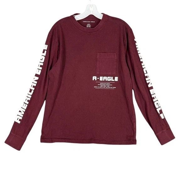 American Eagle Mens M Long Sleeve Graphic Pocket Tee Burgundy Streetwear Casual Unisex T-shirt, Sweatshirt, Hoodie, Long Sleeve Tee - T-Shirt, Sweatshirt, Hoodie