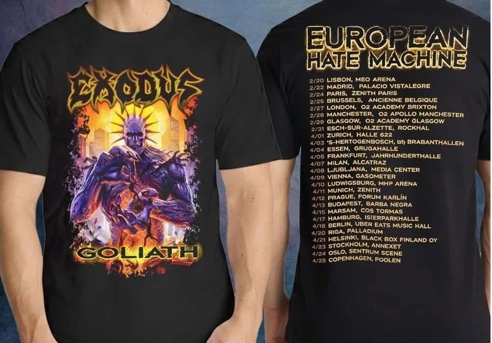 Exodus Merch Hate Machine European Tour 2026 Goliath Two Sided T-Shirt Unisex T-shirt, Sweatshirt, Hoodie, Long Sleeve Tee - T-Shirt, Sweatshirt, Hoodie
