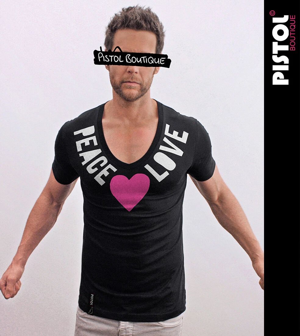 Pistol Boutique Uomo Nero T-Shirt Fitted Deep V Neck Peace & Love Chest Heart Unisex T-shirt, Sweatshirt, Hoodie, Long Sleeve Tee - T-Shirt, Sweatshirt, Hoodie