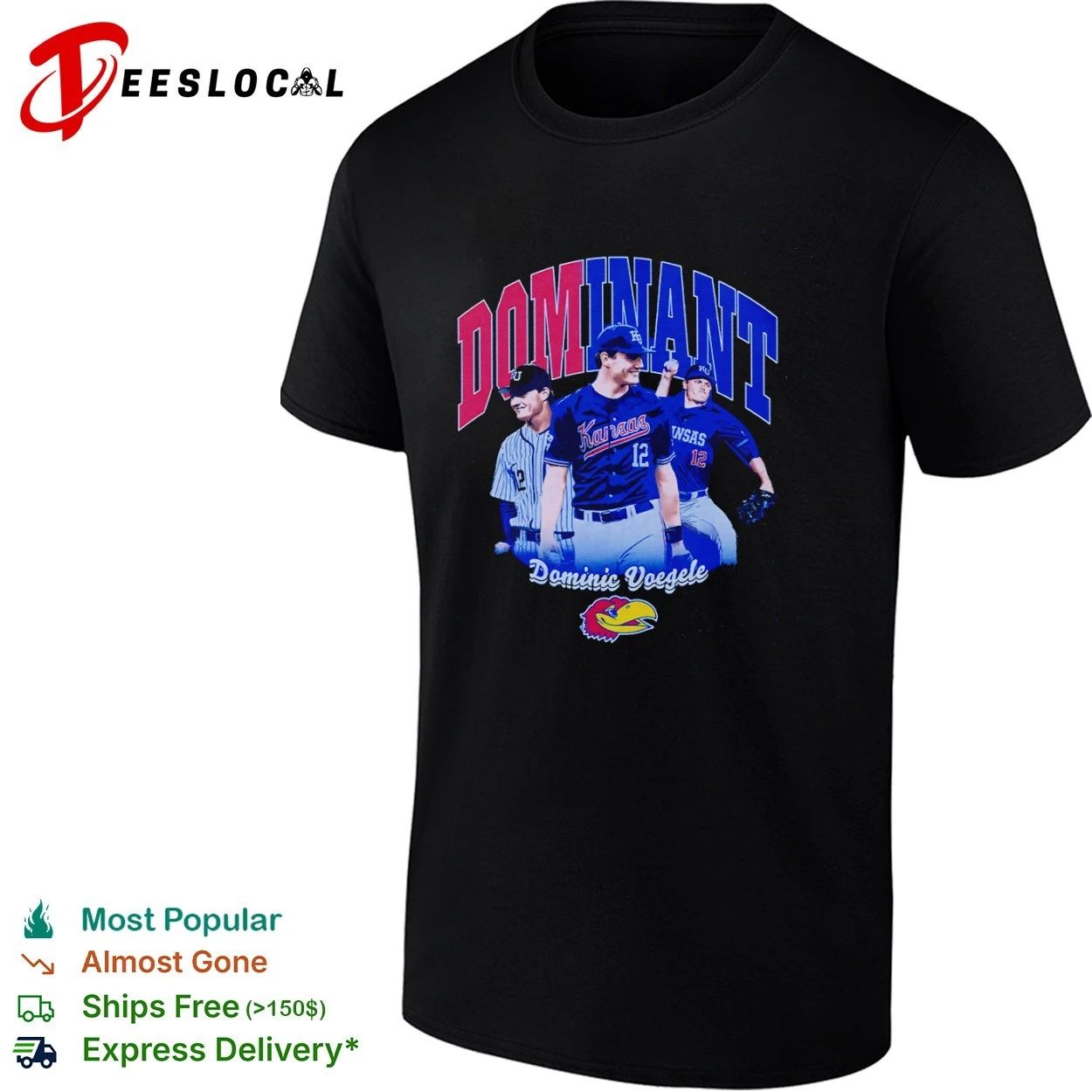 Dominant Dominic Voegele Kansas Jayhawks Baseball T-shirt Unisex T-shirt, Sweatshirt, Hoodie, Long Sleeve Tee - T-Shirt, Sweatshirt, Hoodie