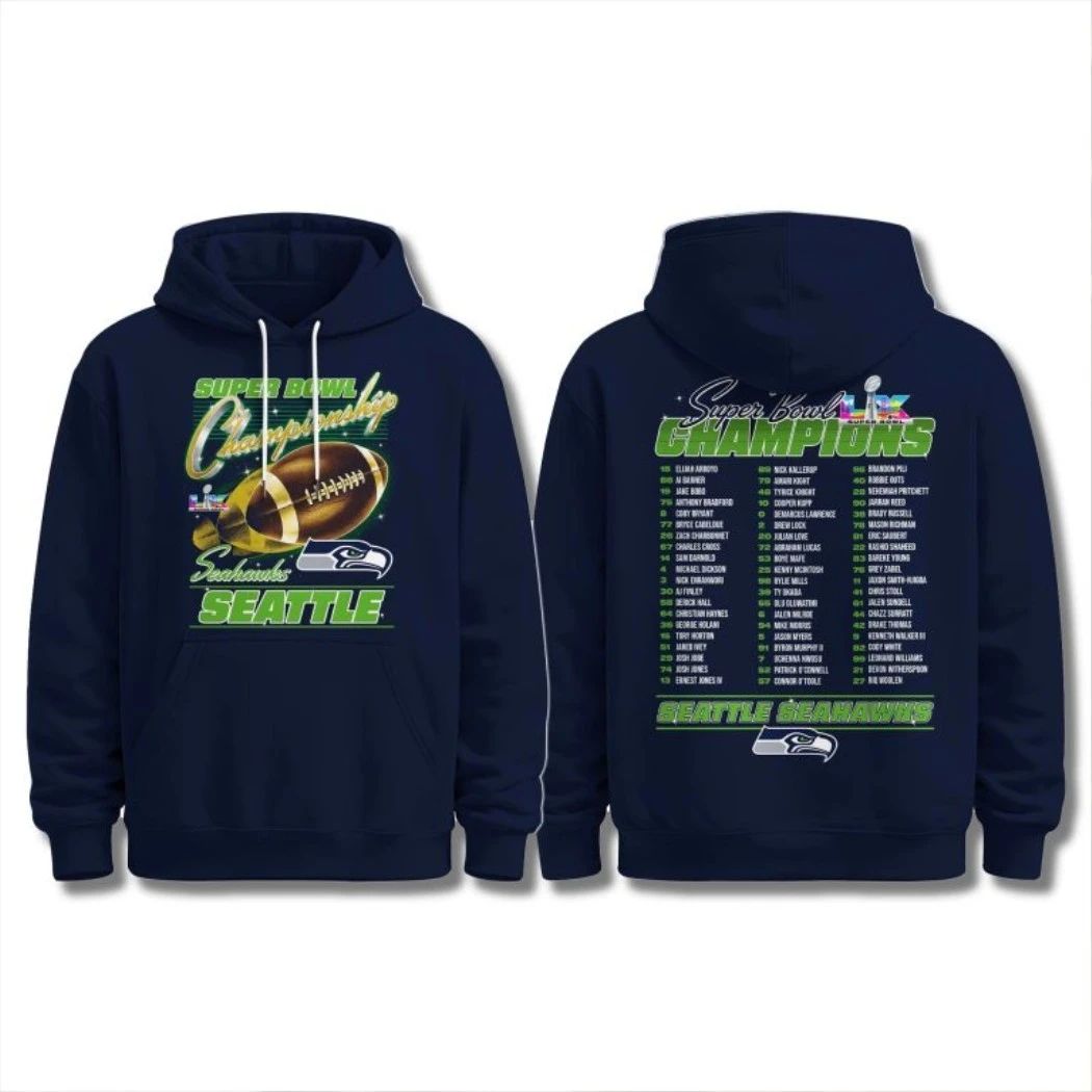 Seahawks SB LX Champions Team Roster Logo Shirt Unisex T-shirt, Sweatshirt, Hoodie, Long Sleeve Tee - T-Shirt, Sweatshirt, Hoodie