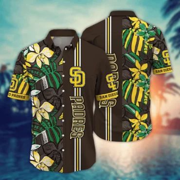 San Diego Padres Tropical Stripe Hawaiian Shirt Unisex T-shirt, Sweatshirt, Hoodie, Long Sleeve Tee - T-Shirt, Sweatshirt, Hoodie