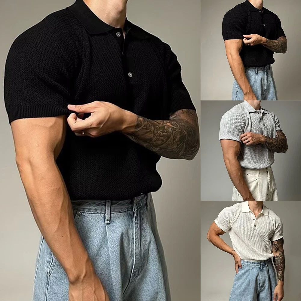 Men Stylish Solid Shirt Knitted Texture Retro Lapel Short Sleeve Comfortable Unisex T-shirt, Sweatshirt, Hoodie, Long Sleeve Tee - T-Shirt, Sweatshirt, Hoodie