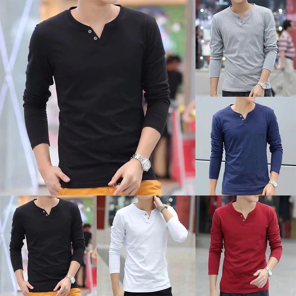 Stylish Men's Button V Neck Henley T Shirt Slim Bottoming Tops Long Sleeve Unisex T-shirt, Sweatshirt, Hoodie, Long Sleeve Tee - T-Shirt, Sweatshirt, Hoodie