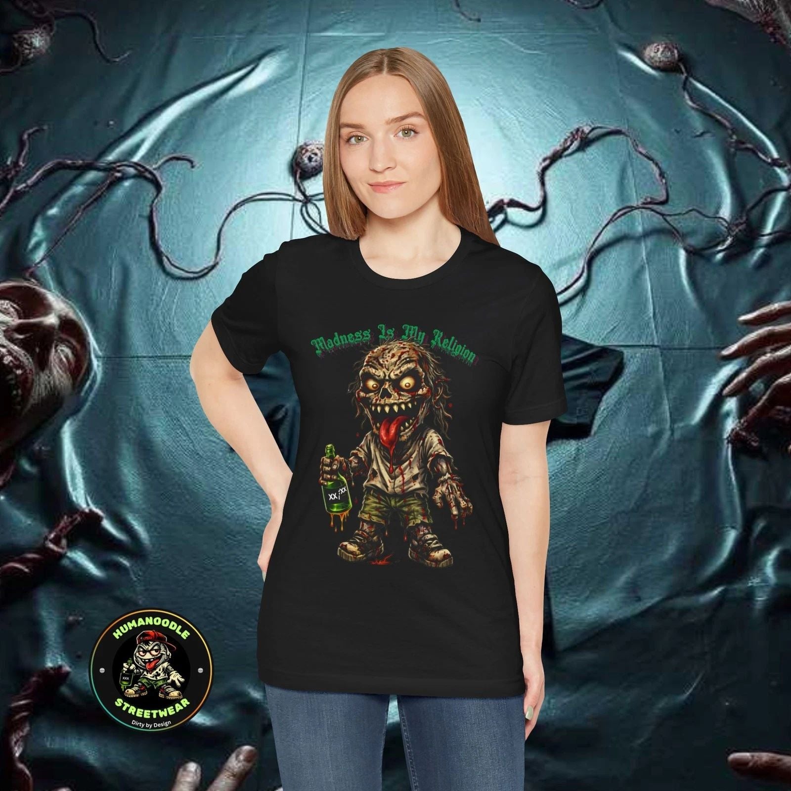 Madness Is My Religion zombie tee | horror graphic shirt Unisex T-shirt, Sweatshirt, Hoodie, Long Sleeve Tee - T-Shirt, Sweatshirt, Hoodie