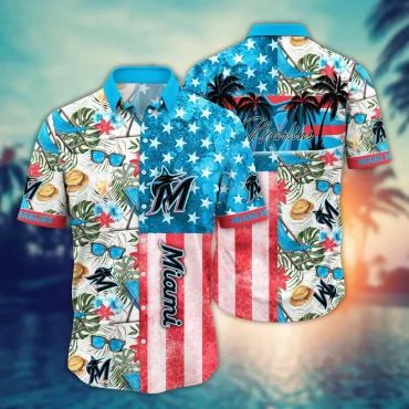 Miami Marlins Stars & Stripes Tropical Hawaiian Shirt Unisex T-shirt, Sweatshirt, Hoodie, Long Sleeve Tee - T-Shirt, Sweatshirt, Hoodie