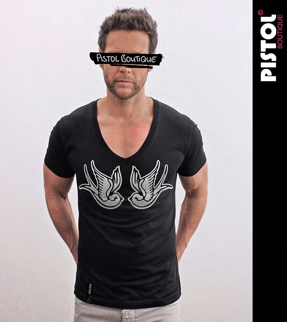 Pistol Boutique Uomo T-Shirt Nera Fitted Deep V Neck Chest Tattoo Swallows Unisex T-shirt, Sweatshirt, Hoodie, Long Sleeve Tee - T-Shirt, Sweatshirt, Hoodie