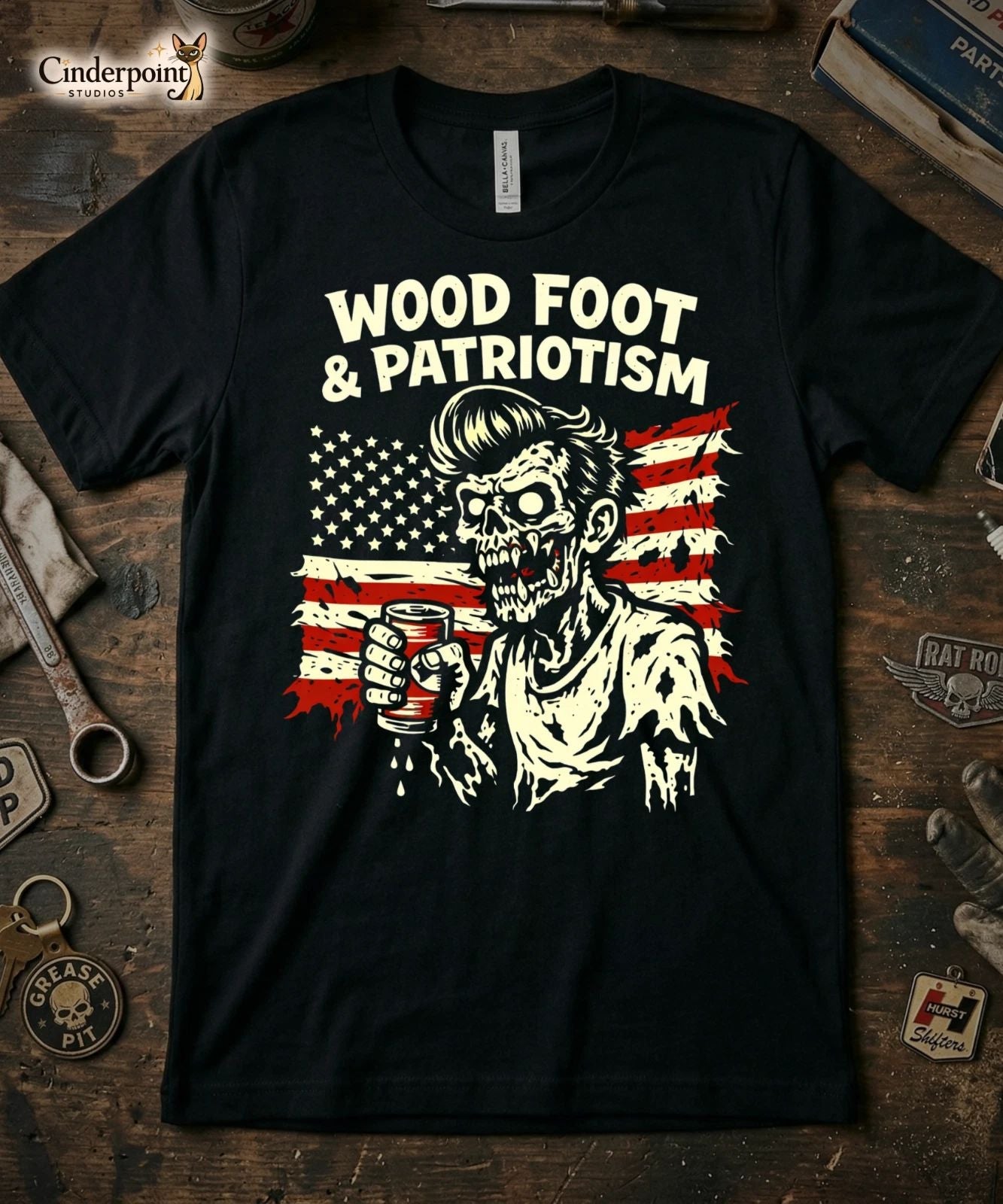 Wood Foot & Patriotism T-Shirt Zombie Gear Head Flag Retro Graphic Tee XS-5X Unisex T-shirt, Sweatshirt, Hoodie, Long Sleeve Tee - T-Shirt, Sweatshirt, Hoodie
