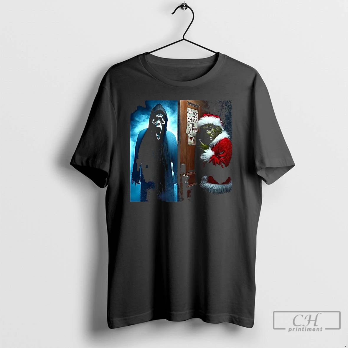 Premium Ghostface And The Grinch Do Not Enter Till Xmas Horror Christmas T Shirts Unisex T-shirt, Sweatshirt, Hoodie, Long Sleeve Tee - T-Shirt, Sweatshirt, Hoodie