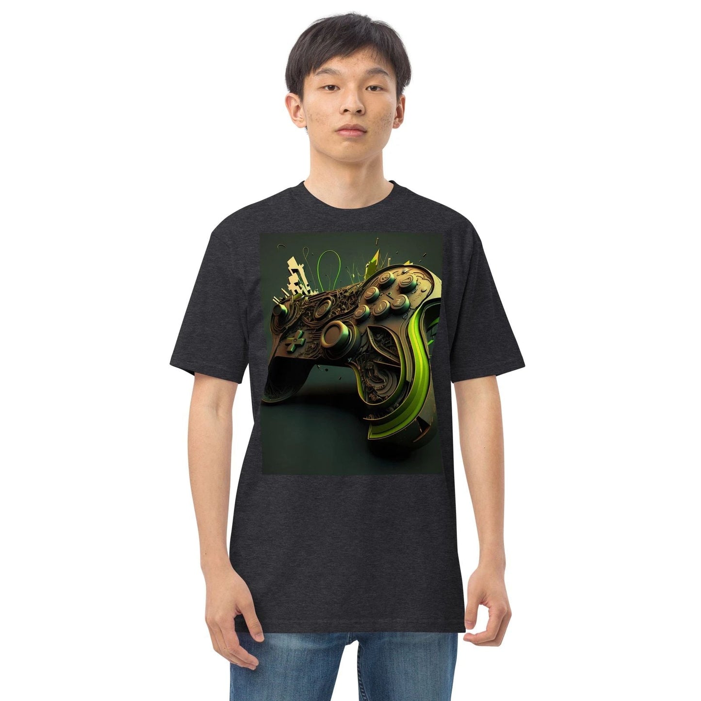 Mens premium heavyweight tee Forest Green abstract Controller navy shirt Unisex T-shirt, Sweatshirt, Hoodie, Long Sleeve Tee - T-Shirt, Sweatshirt, Hoodie