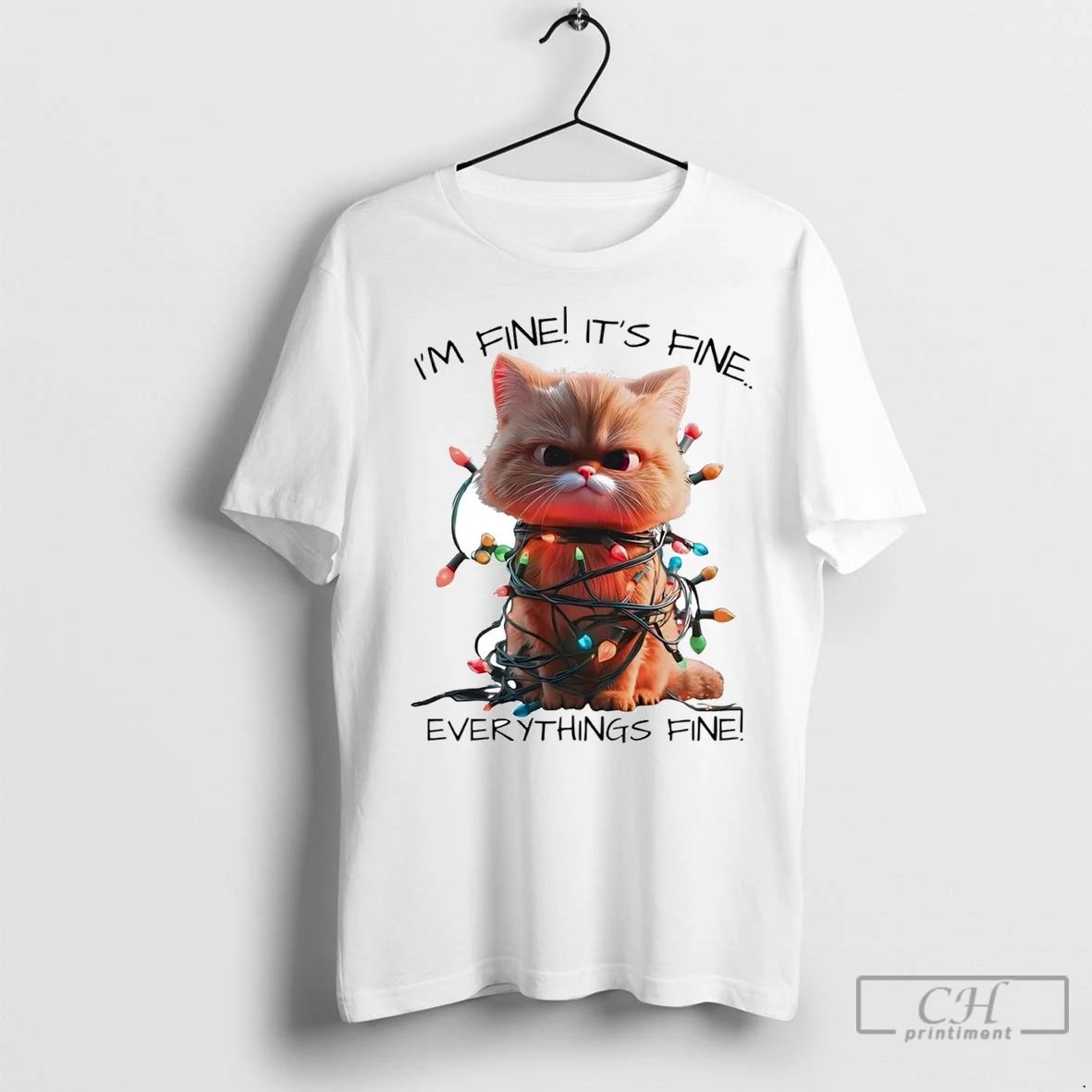 Premium Cat Im Fine Its Fine Everythings Fine Christmas Light Unisex T-shirt, Sweatshirt, Hoodie, Long Sleeve Tee - T-Shirt, Sweatshirt, Hoodie
