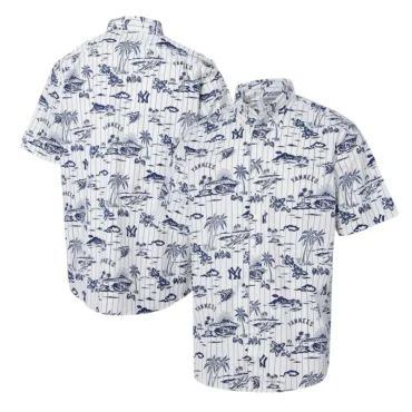 New York Yankees Pinstripe Tropics Hawaiian Shirt Unisex T-shirt, Sweatshirt, Hoodie, Long Sleeve Tee - T-Shirt, Sweatshirt, Hoodie