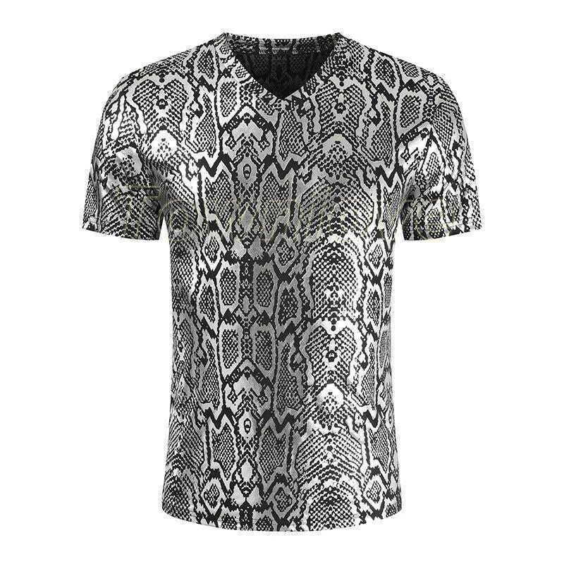 Summer Men Snakeskin Print V Neck Short Sleeve T-Shirt Shiny Color Casual Tops Unisex T-shirt, Sweatshirt, Hoodie, Long Sleeve Tee - T-Shirt, Sweatshirt, Hoodie