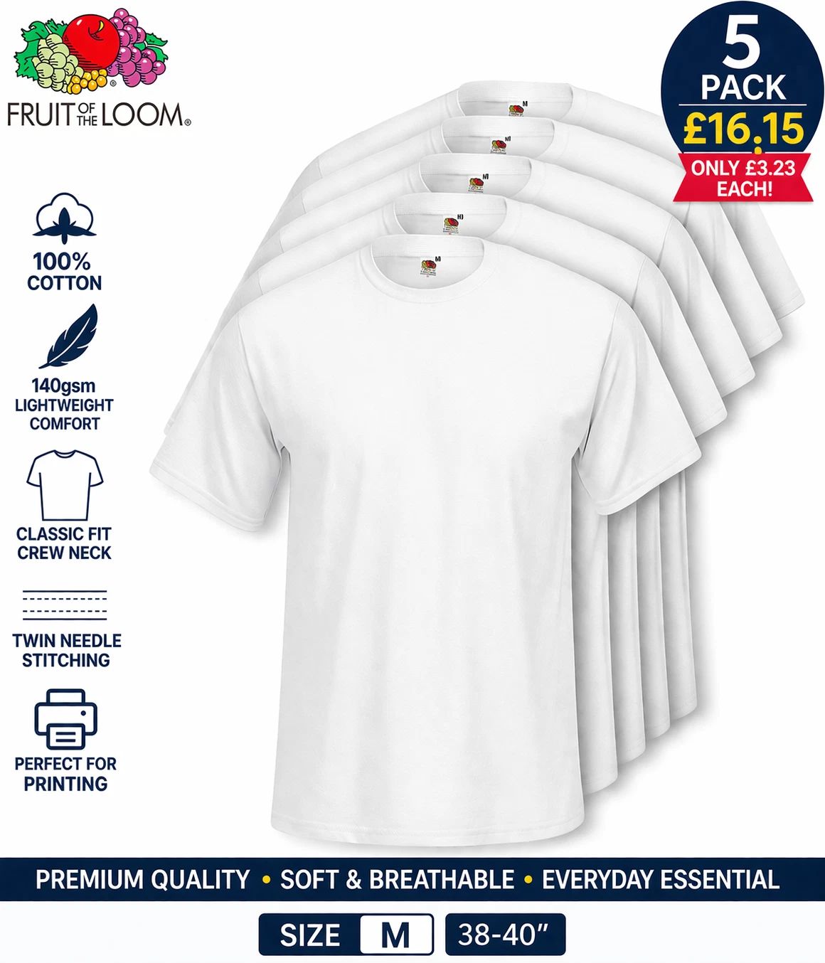 5 x Fruit of the Loom Size M White T Shirts 100% Cotton Plain Tee Men-3.23 each Unisex T-shirt, Sweatshirt, Hoodie, Long Sleeve Tee - T-Shirt, Sweatshirt, Hoodie