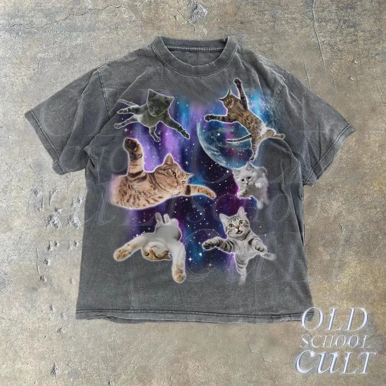 Cats Floating In Galaxy Vintage 90s T-Shirt, Retro Funny T-Shirt Full Size S-3XL Unisex T-shirt, Sweatshirt, Hoodie, Long Sleeve Tee - T-Shirt, Sweatshirt, Hoodie