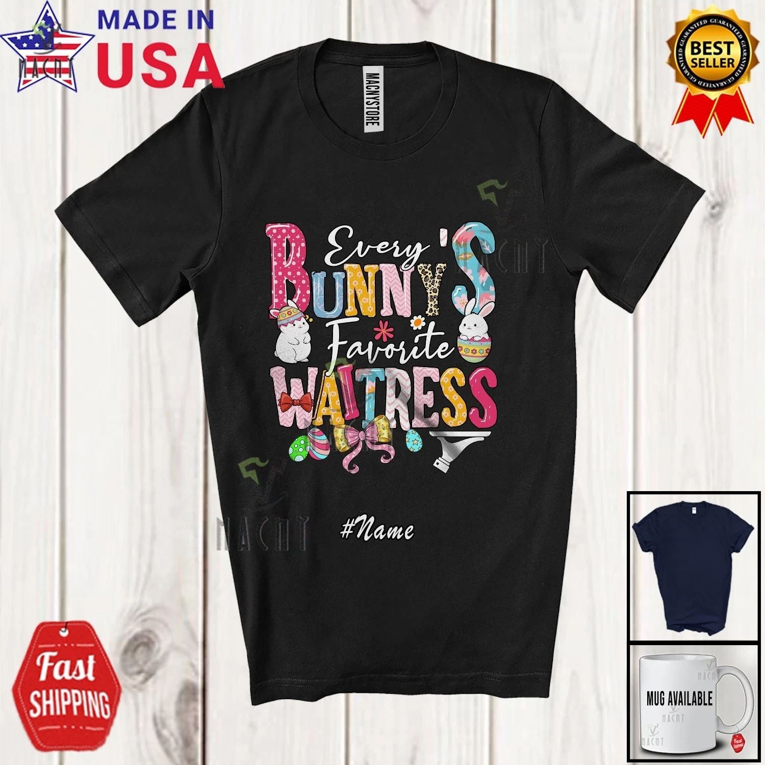 Custom Name Bunny's Favorite Waitress; Lovely Easter Leopard Bunnies Eggs Shirt Unisex T-shirt, Sweatshirt, Hoodie, Long Sleeve Tee - T-Shirt, Sweatshirt, Hoodie