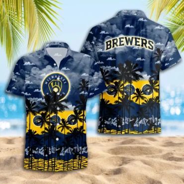 Milwaukee Brewers Sunset Palms Hawaiian Shirt Unisex T-shirt, Sweatshirt, Hoodie, Long Sleeve Tee - T-Shirt, Sweatshirt, Hoodie