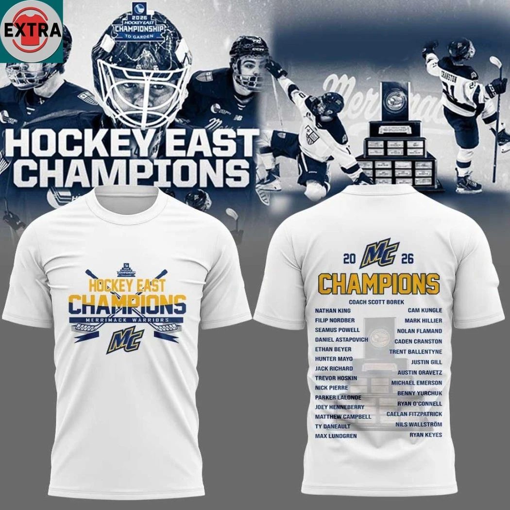 Merrimack Warriors 2026 Hockey East Champions Logo Two Sided Hoodie Shirts Unisex T-shirt, Sweatshirt, Hoodie, Long Sleeve Tee - T-Shirt, Sweatshirt, Hoodie