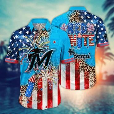 Miami Marlins Fireworks & Leopard Print Hawaiian Shirt Unisex T-shirt, Sweatshirt, Hoodie, Long Sleeve Tee - T-Shirt, Sweatshirt, Hoodie