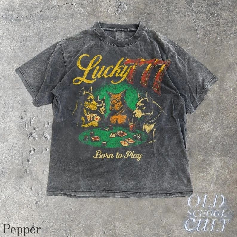 Lucky 777 Poker Dog Vintage Graphic T-shirts, Retro Casino Gambling Unisex T-shirt, Sweatshirt, Hoodie, Long Sleeve Tee - T-Shirt, Sweatshirt, Hoodie