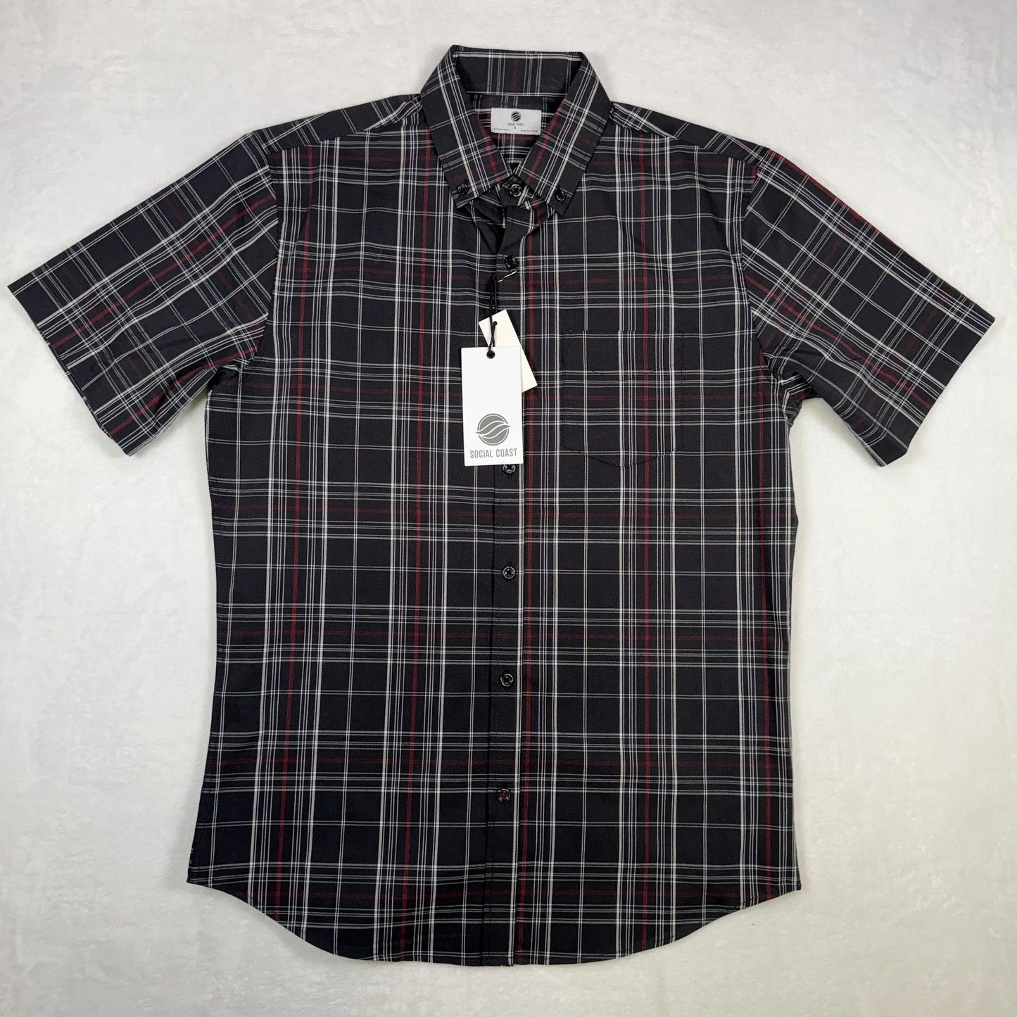 Social Coast Men's Short Sleeve Button-Down Shirt Size S Black Red White Plaid Unisex T-shirt, Sweatshirt, Hoodie, Long Sleeve Tee - T-Shirt, Sweatshirt, Hoodie