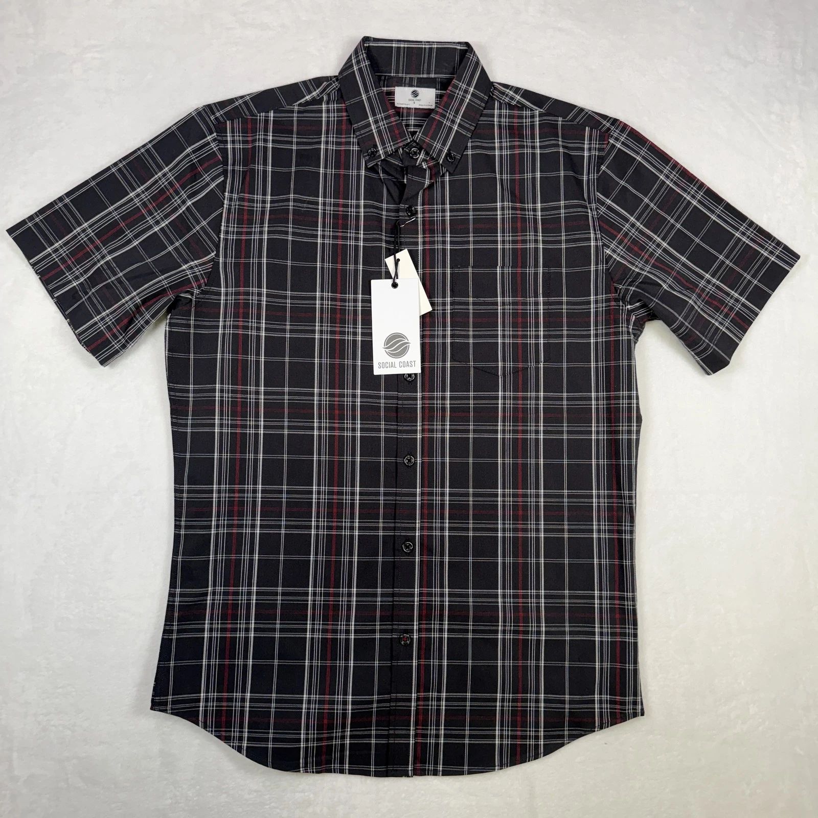 Social Coast Men's Short Sleeve Button-Down Shirt Size S Black Red White Plaid Unisex T-shirt, Sweatshirt, Hoodie, Long Sleeve Tee - T-Shirt, Sweatshirt, Hoodie