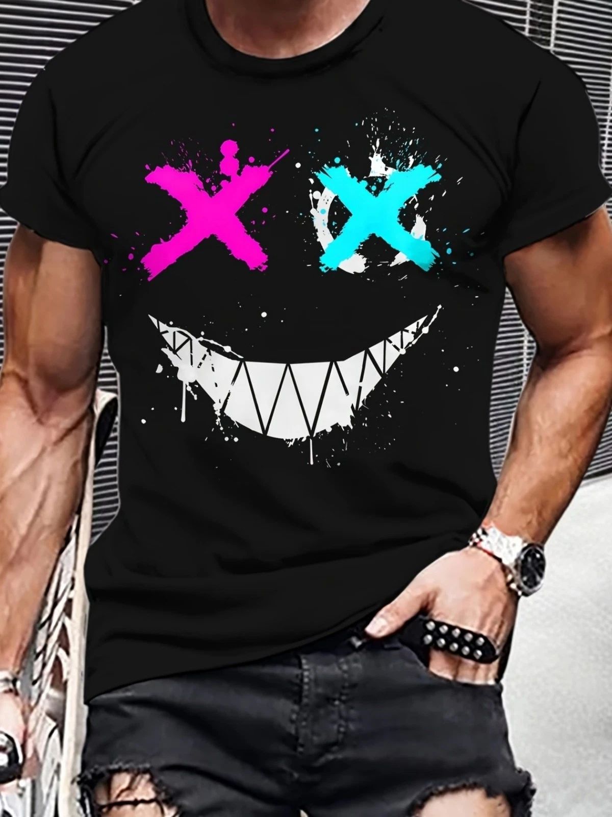Funny Skull Smile Graphic T-Shirt Neon X Eyes Streetwear Punk Tee Unisex T-shirt, Sweatshirt, Hoodie, Long Sleeve Tee - T-Shirt, Sweatshirt, Hoodie