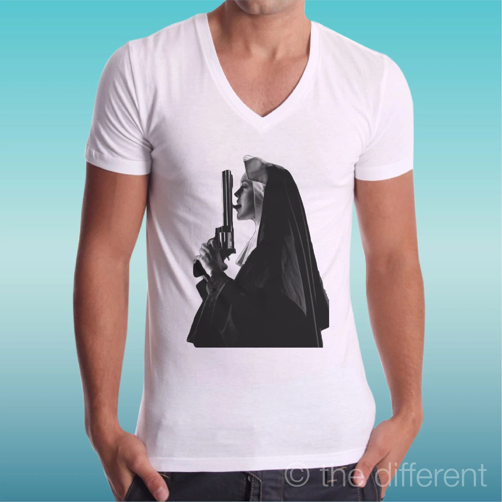 T-shirt White V Neck Jersey Nun Lollipop Gun Nun Lick Pistol Gift Idea Unisex T-shirt, Sweatshirt, Hoodie, Long Sleeve Tee - T-Shirt, Sweatshirt, Hoodie