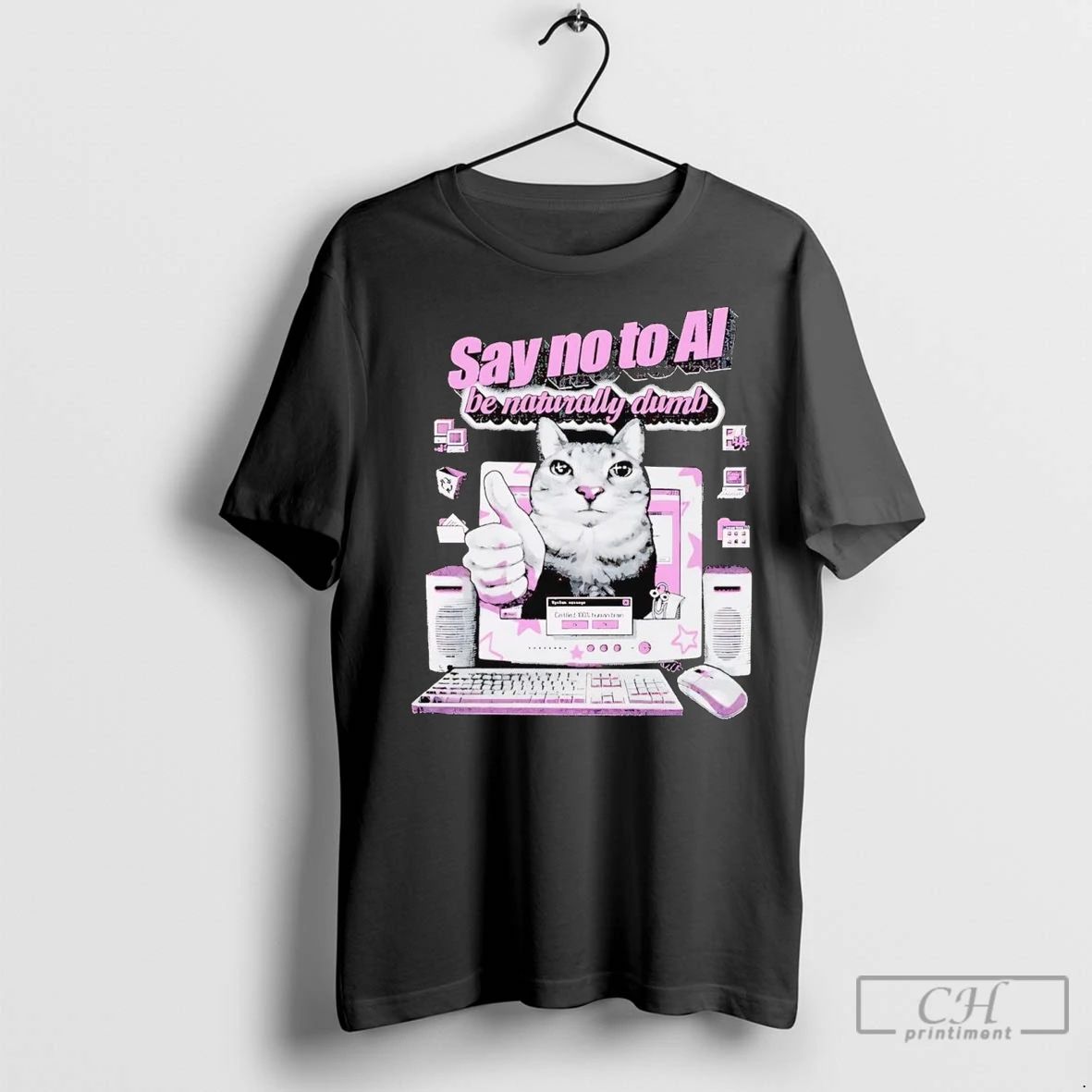 Premium Cat Say No To Ai Be Naturally Dumb Unisex T-shirt, Sweatshirt, Hoodie, Long Sleeve Tee - T-Shirt, Sweatshirt, Hoodie