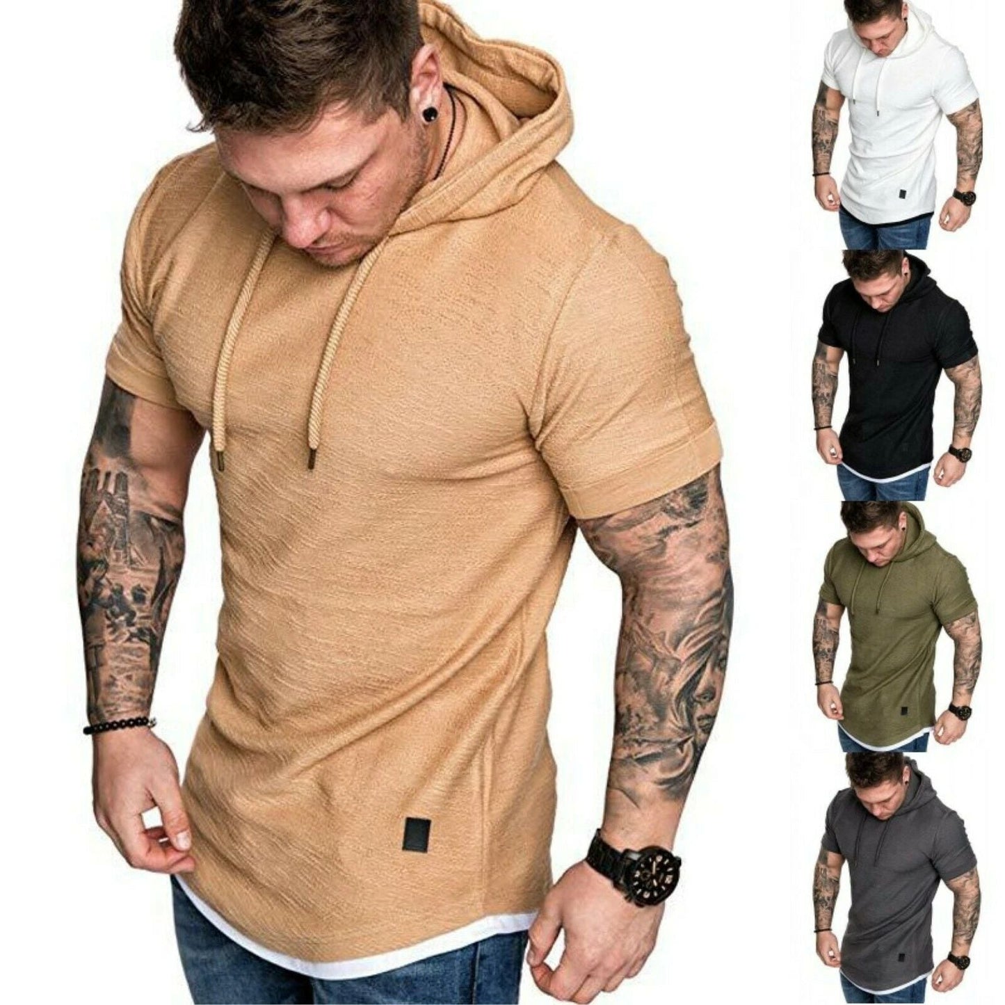 Men's Hooded Short Sleeve Sporty T-Shirt Slim Gym Muscle Tee Hoodie Tops Blouses Unisex T-shirt, Sweatshirt, Hoodie, Long Sleeve Tee - T-Shirt, Sweatshirt, Hoodie