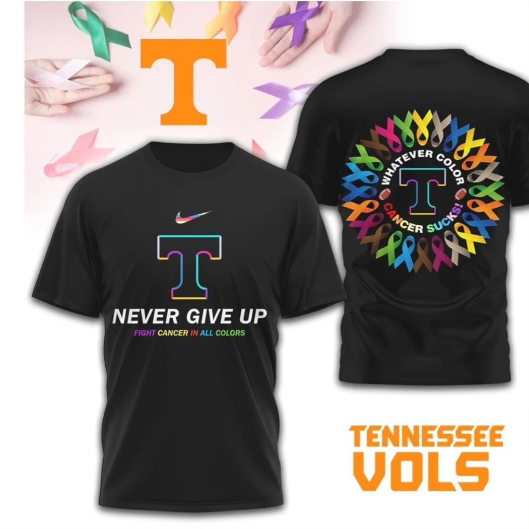 Tennessee Vols Never Give Up Fight Cancer In All Colors Logo Two Sided T-Shirt Unisex T-shirt, Sweatshirt, Hoodie, Long Sleeve Tee - T-Shirt, Sweatshirt, Hoodie