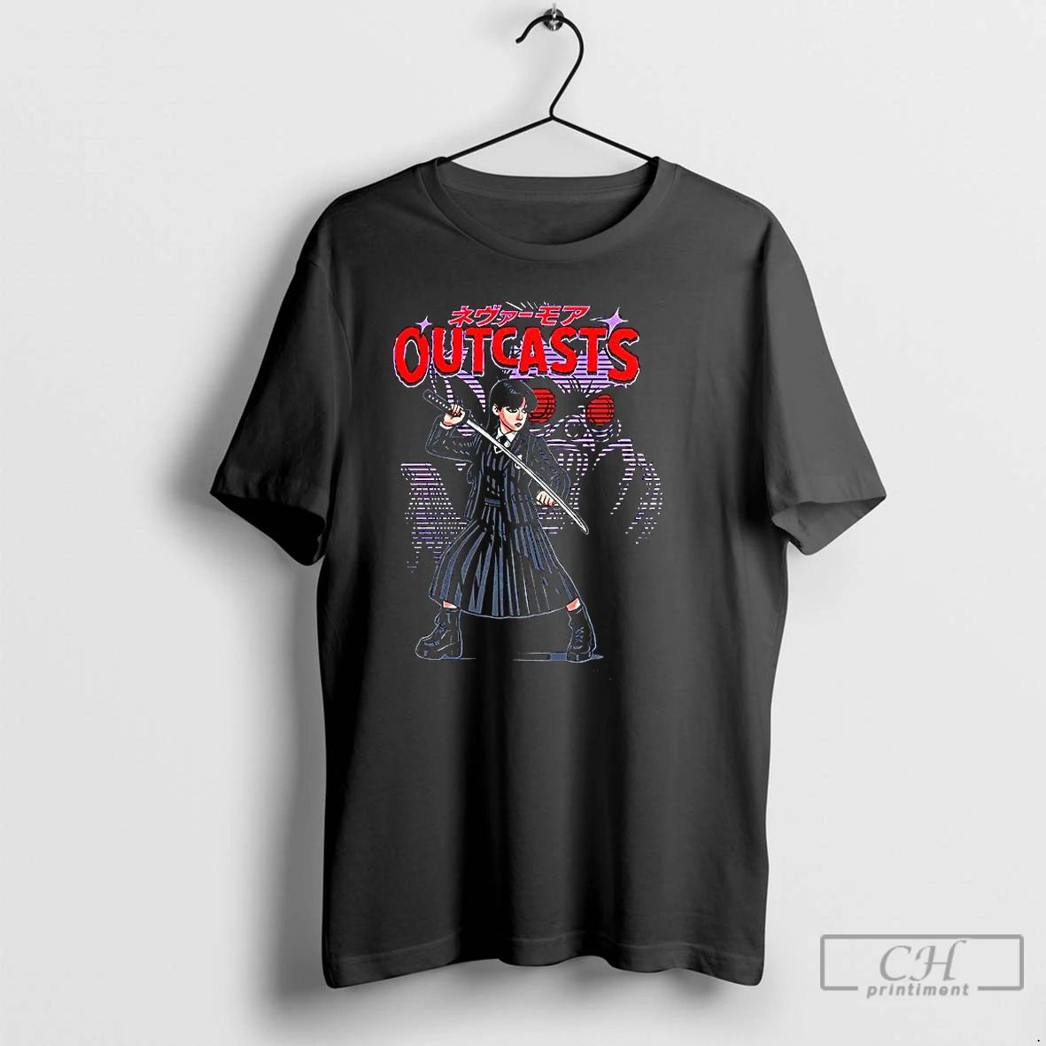 Premium Wednesday Addams Outcasts Anime Style T Shirts Unisex T-shirt, Sweatshirt, Hoodie, Long Sleeve Tee - T-Shirt, Sweatshirt, Hoodie