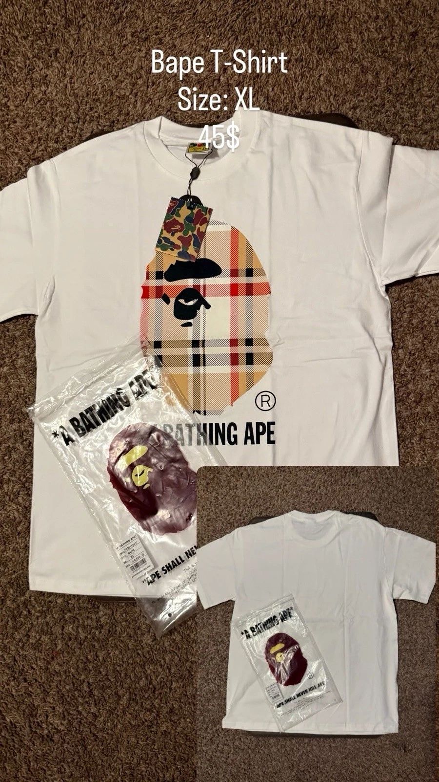 A Bathing Ape XL White Graphic Logo Crew Neck Cotton Men's Short Sleeve T-Shirt Unisex T-shirt, Sweatshirt, Hoodie, Long Sleeve Tee - T-Shirt, Sweatshirt, Hoodie