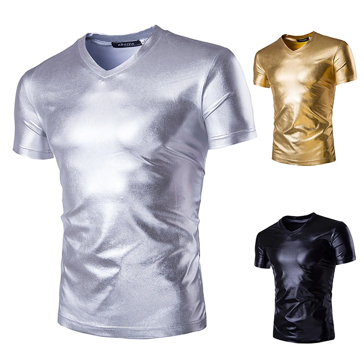 Men Slim Shiny Costume Short Sleeve V Neck T-Shirt Metallic Wet Look Tee Shirts Unisex T-shirt, Sweatshirt, Hoodie, Long Sleeve Tee - T-Shirt, Sweatshirt, Hoodie
