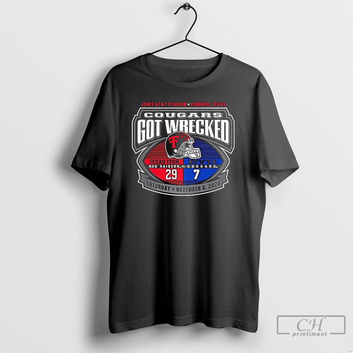 Premium Texas Tech Red Raiders Vs Byu Cougars Ncaa Got Wrecked Jones At And Unisex T-shirt, Sweatshirt, Hoodie, Long Sleeve Tee - T-Shirt, Sweatshirt, Hoodie