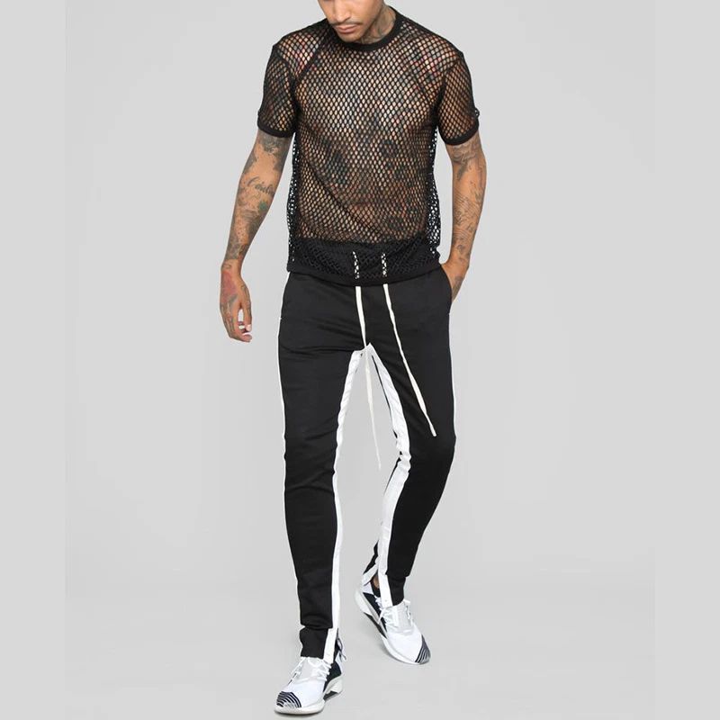 Men  Grid Round Neck Hollow Loose  Short Sleeve T-shirt Unisex T-shirt, Sweatshirt, Hoodie, Long Sleeve Tee - T-Shirt, Sweatshirt, Hoodie