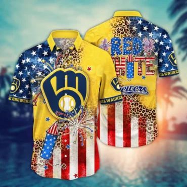 Milwaukee Brewers Red, White & Wild Hawaiian Shirt Unisex T-shirt, Sweatshirt, Hoodie, Long Sleeve Tee - T-Shirt, Sweatshirt, Hoodie
