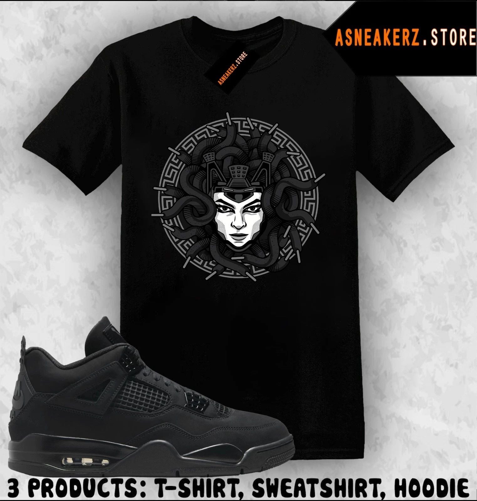 Tee Shirt Matching AJ 4 Black Cat 2025 Match Sneaker Sneakerhead Medusa T-Shirt Unisex T-shirt, Sweatshirt, Hoodie, Long Sleeve Tee - T-Shirt, Sweatshirt, Hoodie