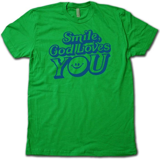 "Smile God Loves You" RETRO 1980's SMILEY FACE T-Shirt  Super-Soft Graphic Tee! Unisex T-shirt, Sweatshirt, Hoodie, Long Sleeve Tee - T-Shirt, Sweatshirt, Hoodie