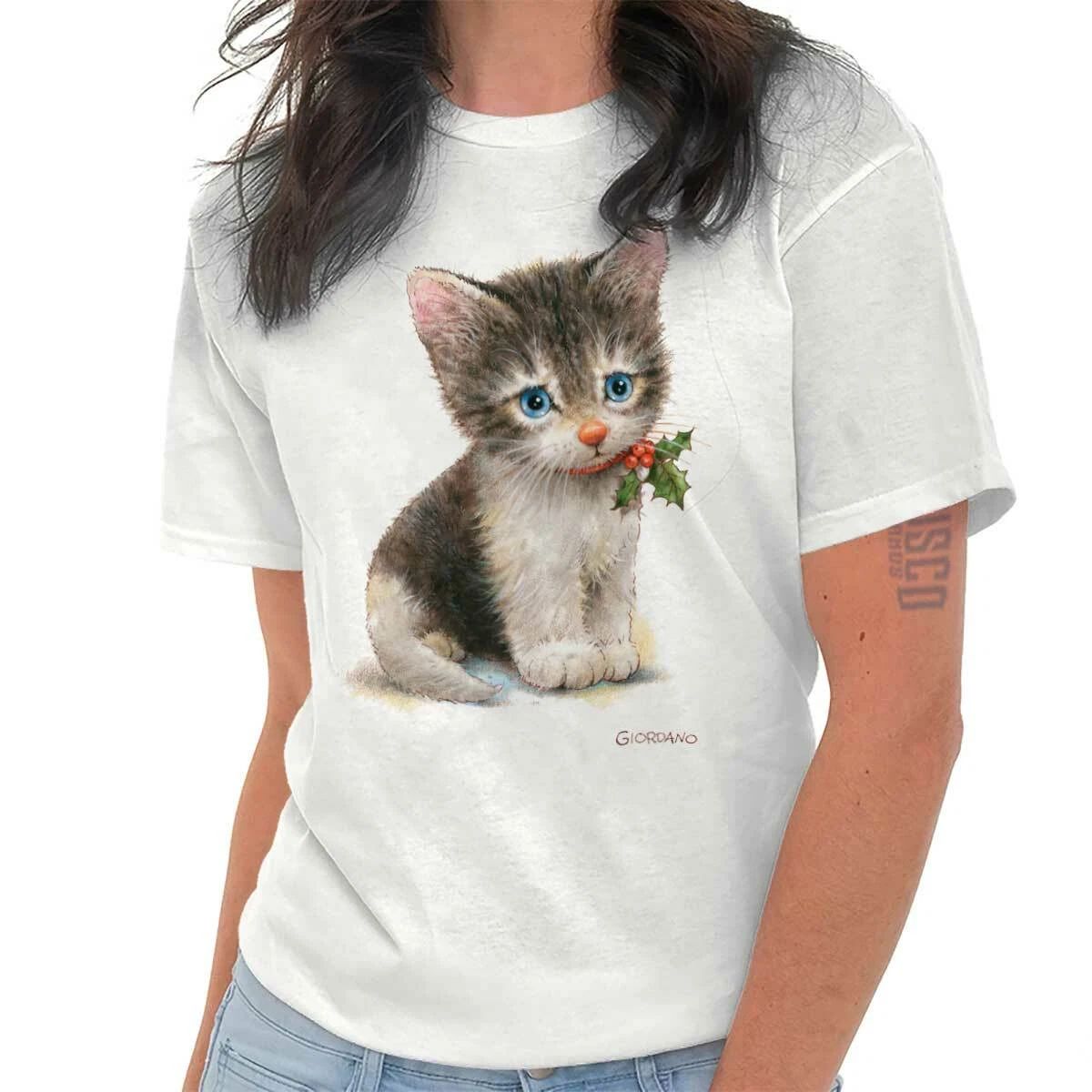 Cute Christmas Kitten Mistletoe Xmas Cat Womens Graphic Crewneck T Shirt Tee Unisex T-shirt, Sweatshirt, Hoodie, Long Sleeve Tee - T-Shirt, Sweatshirt, Hoodie