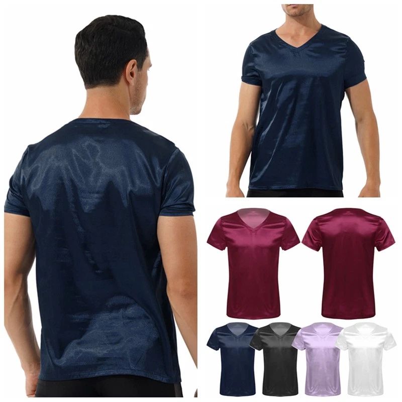 Men's Satin Classic fit Fit V-Neck T-Shirt Ice Silky Pajamas Tops Undershirt Unisex T-shirt, Sweatshirt, Hoodie, Long Sleeve Tee - T-Shirt, Sweatshirt, Hoodie