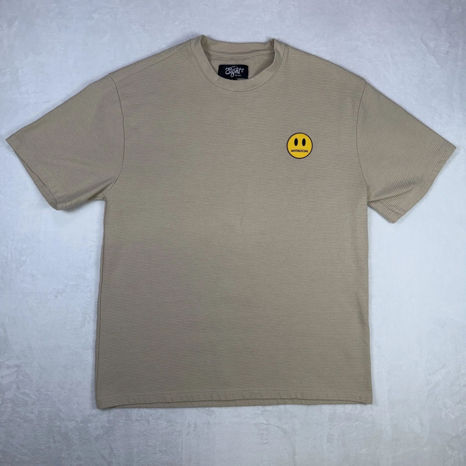 Eighty Eight Brand Men's Ribbed T-Shirt Size Large Beige Antisocial Smiley Patch Unisex T-shirt, Sweatshirt, Hoodie, Long Sleeve Tee - T-Shirt, Sweatshirt, Hoodie