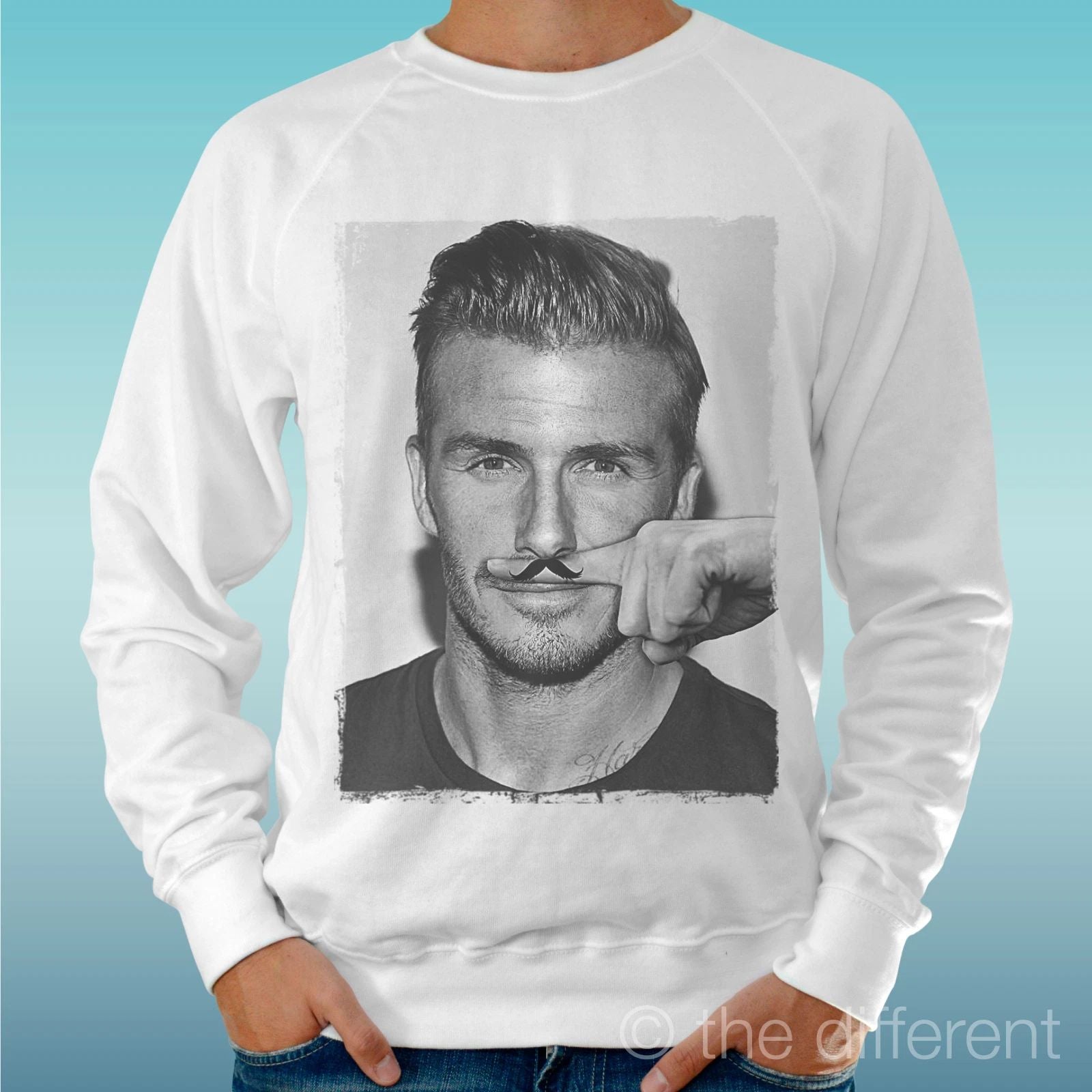 Felpa Man Light Sweater White " David Beckham Mustache Finger " Unisex T-shirt, Sweatshirt, Hoodie, Long Sleeve Tee - T-Shirt, Sweatshirt, Hoodie