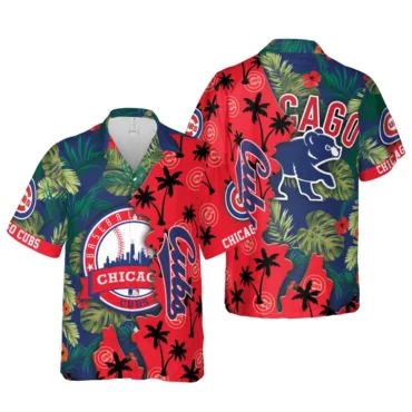 Chicago Cubs Tropical Palms Split Hawaiian Shirt Unisex T-shirt, Sweatshirt, Hoodie, Long Sleeve Tee - T-Shirt, Sweatshirt, Hoodie