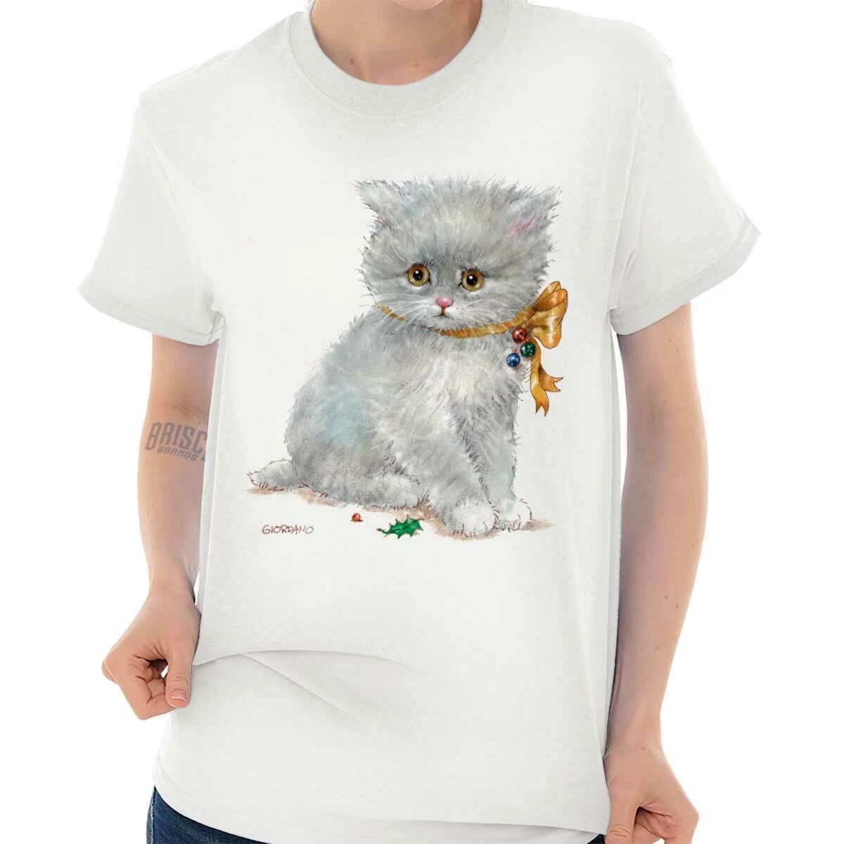 Cute Vintage Christmas Kitten Bow Bells Xmas Womens Graphic Crewneck T Shirt Tee Unisex T-shirt, Sweatshirt, Hoodie, Long Sleeve Tee - T-Shirt, Sweatshirt, Hoodie